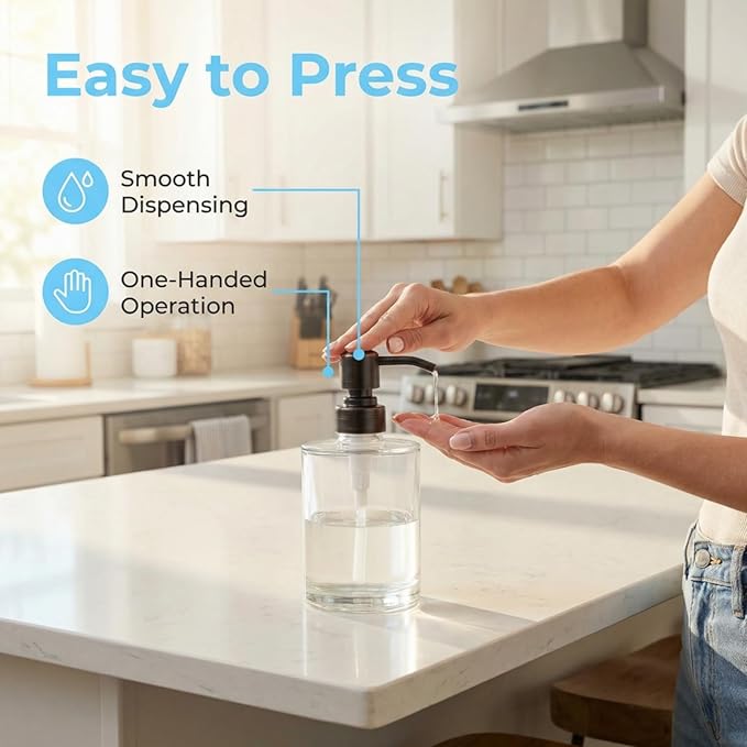 Bathroom Soap Dispenser Glass with Oil Rubbed Bronze Pump, 11 OZ Clear Cylinder Bottle with Stainless Steel Pump Refillable Liquid Hand Soap Dispenser for Kitchen Countertop