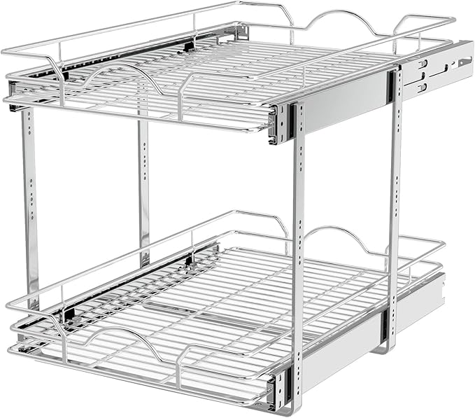 OCG 2 Tier Pull Out Cabinet Organizer (15.5" W x 21" D), Pull Out Drawers for Kitchen Cabinets, Pull Out Shelves for Base Cabinet Organization in Kitchen Bathroom Pantry, Chrome Finish