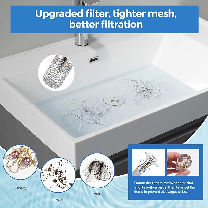Bathroom Sink Stopper Hair Catcher, Pop-up Sink Drain Strainer with Removable 304 Stainless Steel Strainer Basket Hair Catcher