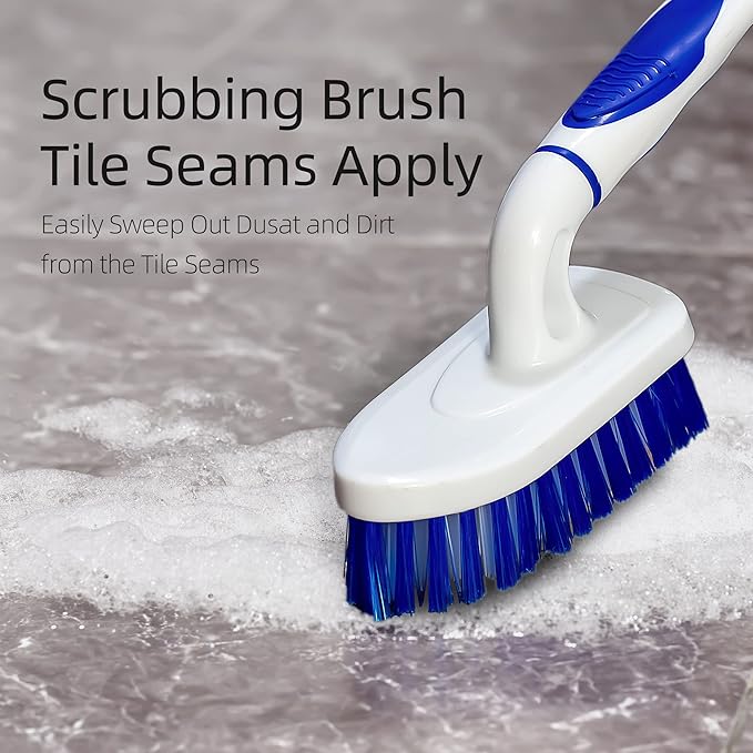 2-Pack Scrub Brush for Cleaning with Long Handle,Medium Firm Brush Bathroom Cleaning Supplies and Bathtub Cleaner and Shower Cleaning Brush,Multi-Scene Use for Kitchen or Carpet Brush,White&Blue