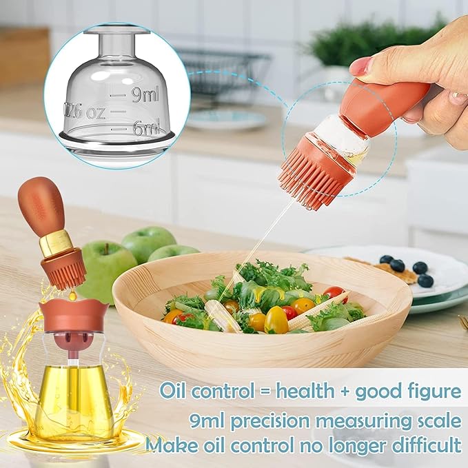 Oil Dispenser with Brush-2Pack 7oz/200ML 2 IN 1 Glass Cooking Oil Dispenser Bottle with Silicone Basting Brush for Kitchen, Oil Storage and Container for Cooking BBQ, Vinegar, Sauce, Air Fryer - Green