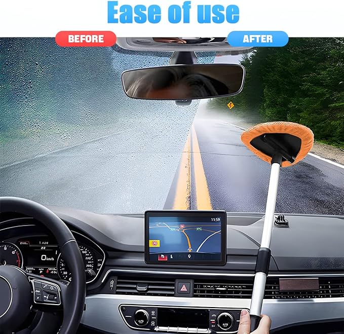 Windshield Cleaning Tool, Car Window Cleaner with Extendable Long Handle and 4 Washable Reusable Microfiber Pads