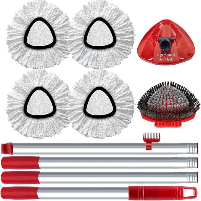 4 Pack Spin Mop Replacement Head Compatible with O Cedar EasyWring 1 Tank Microfiber, 30-58" Handle, Upgraded Triangle Mop Base and Scrub Brush Combo Set
