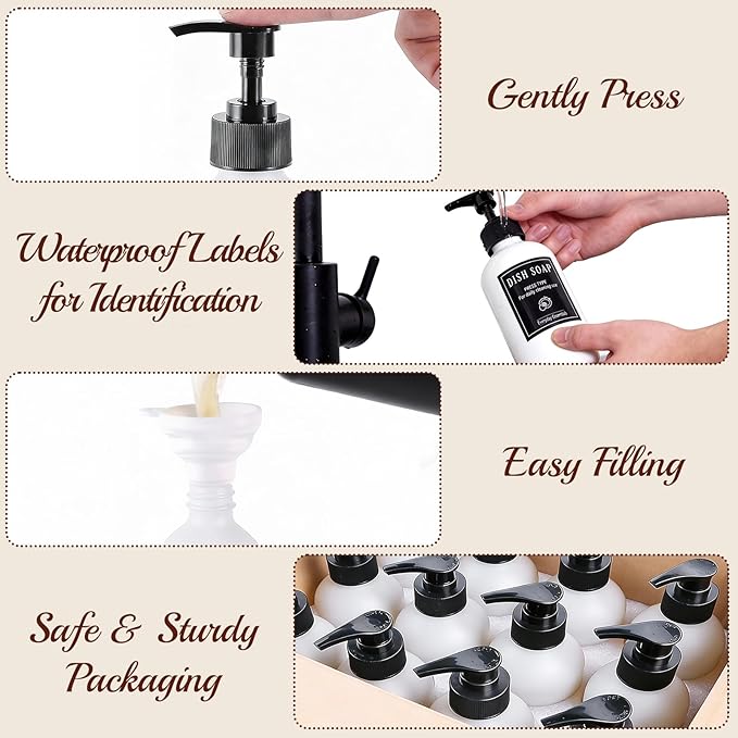 TBWIND 12 Pack 8oz White Glass Soap Dispenser Bottles with Pumps, Refillable Glass Bottles for Shampoo, Conditioner & Lotion, Ideal for Bathroom, Kitchen, Waterproof Labels & Funnels Included