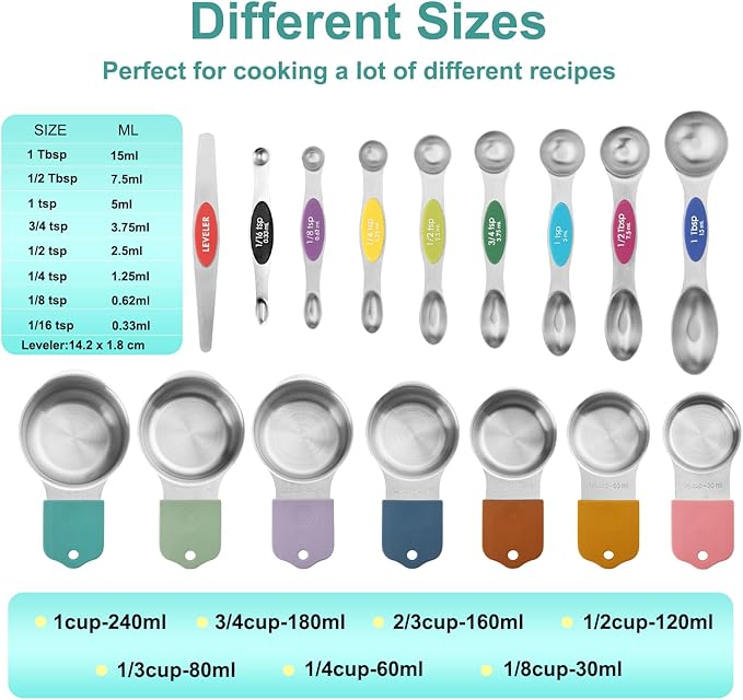 16 Pcs Magnetic Measuring Cups and Spoons Set,Stackable Metal Measure Cup for Measuring Dry and Liquid Ingredients,Kitchen Dry Food, Cooking Baking Measurements