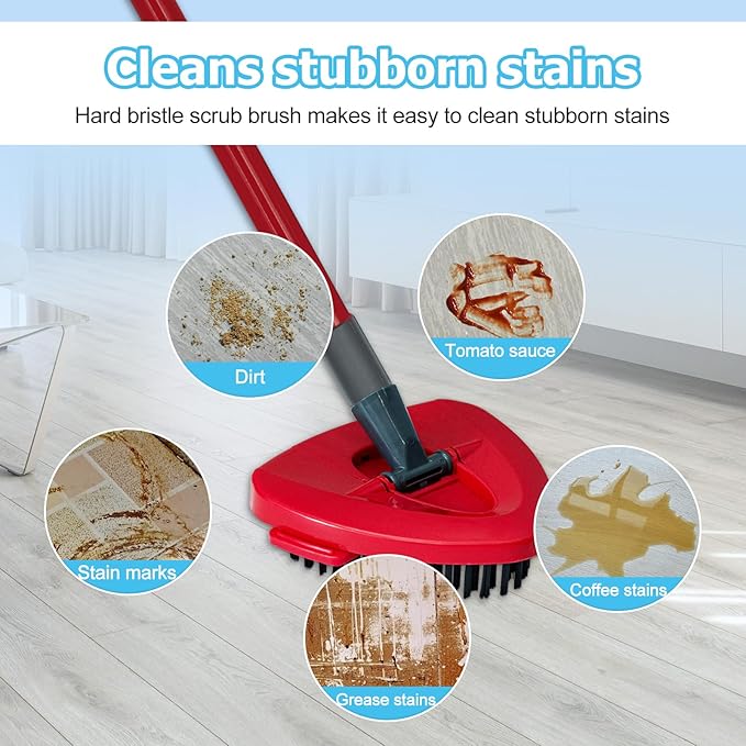 Spin Mop Handle, Mop Replace Heads, Scrubber Head and Base Replacement for O-Cedar EasyWring 1 Tank System, 2 Microfiber Mops Heads Replacements and 1 Scrub Brush, Use for Wet/Dry Hard Floor Cleaning