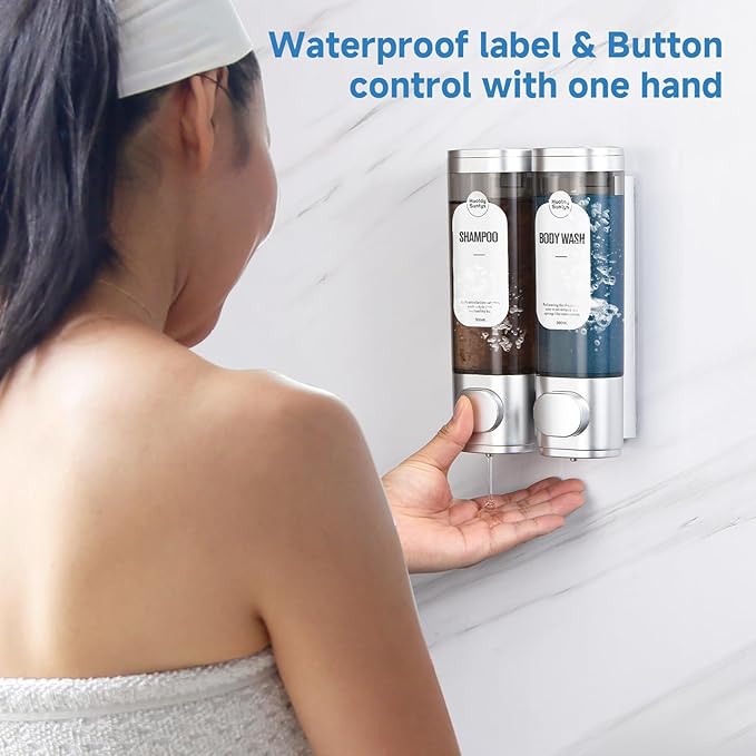 Shampoo and Conditioner Dispenser, Refillabe Shower Soap Dispensers 2 Chamber No Drill Shampoo Dispenser for Shower Wall Mounted 2 * 300ml Container for Bathroom Hotel (Sliver 2 Chamber)