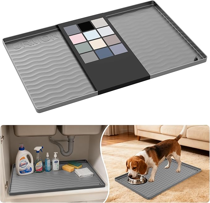 URMONA Waterproof Silicone Under Sink Mat 22'' x 14'' Shelf Liner for Kitchen and Bathroom, Cabinet and Counter Protector, Storage and Organizers, Litter Mat, Pet Cat Puppy Essentials(Beige)