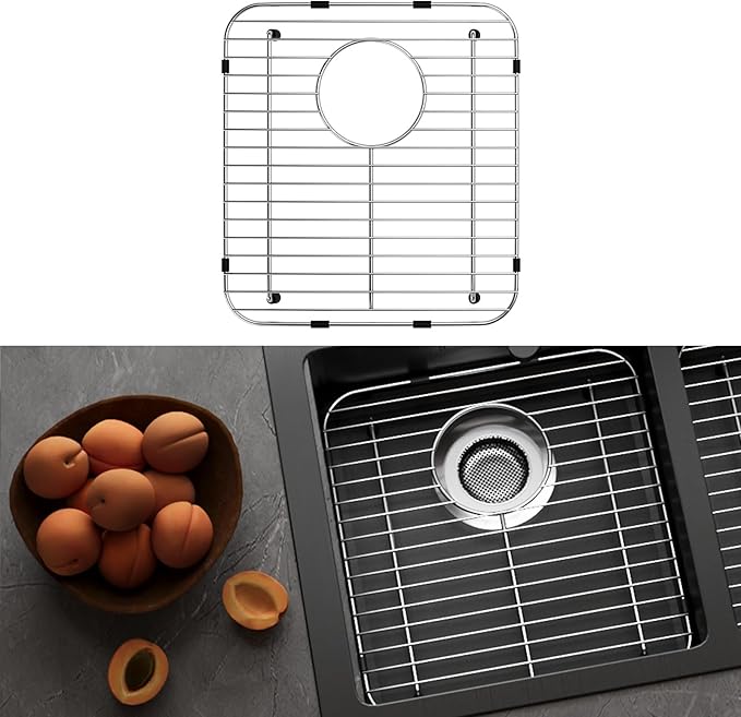 Stainless Steel Sink Protectors for Kitchen Sink, 13.12’’x11.6’’ Sink Protector Grid with Rear Drain