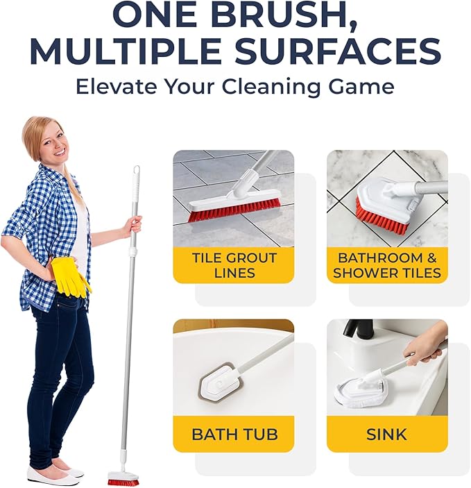 Shower Scrubber with Long Handle, Stiff Bristles Grout-Brush, Tub Scrub-Brush with Long-Handle, Shower-Cleaner Brush, Grout Cleaning Brush for Tile floors, Scouring Pad & Microfiber Cloth for Bathroom