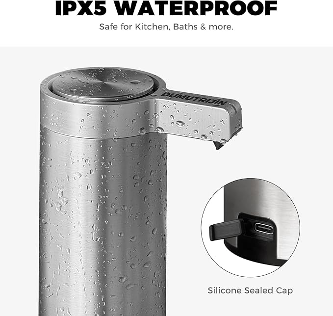 Touchless Automatic Soap Dispenser Wall Mount Stainless Steel with Sensor Infrared 9 oz Electric IPX5 Waterproof USB-C Charging Motion Sensor for Kitchen & Bathroom (Silver)