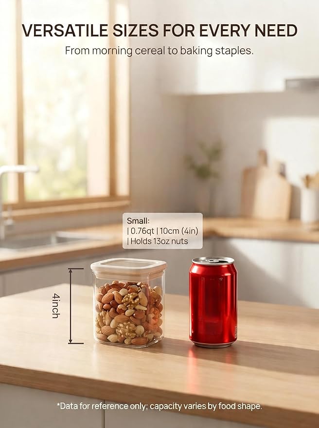 4pcs Small Square Glass Pantry Storage Jars Set with Glass Lids 0.76Qt - Stackable Kitchen Canisters Sets for Nuts, Overnight Oast, Snacks