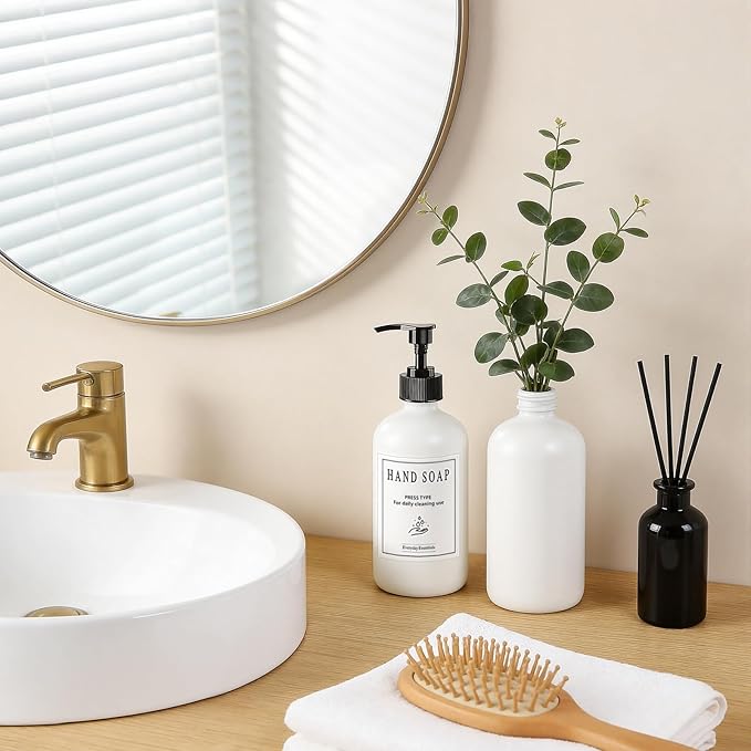 TBWIND 12 Pack 8oz White Glass Soap Dispenser Bottles with Pumps, Refillable Glass Bottles for Shampoo, Conditioner & Lotion, Ideal for Bathroom, Kitchen, Waterproof Labels & Funnels Included