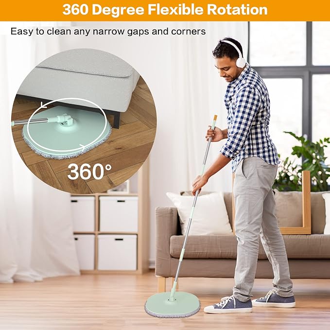 Flat Floor Mop and Bucket System Set with Wringer, Spin Mop and Bucket Separate Clean and Dirty Water with Self Separation for Hardwood, Laminate, Tile, Floor Cleaning, Wet and Dry Use, LightCyan