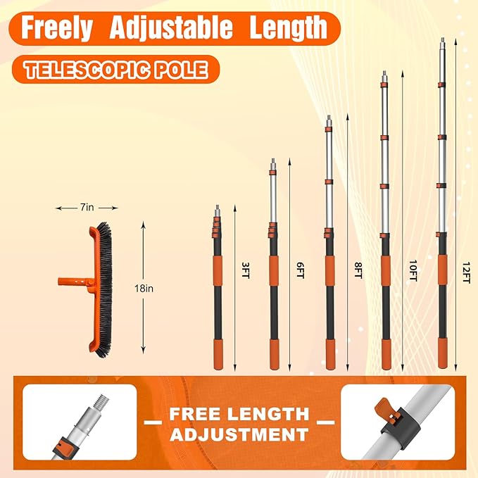 SISIUPASSIE Pool Brush Kit with Pole, Upgrade 18" Pool Brush and High-Efficiency Stainless Steel Bristles Brush with Telescopic Pole for Cleaning Pool Walls, Curved Ends, Tiles & Floors, 12 FT