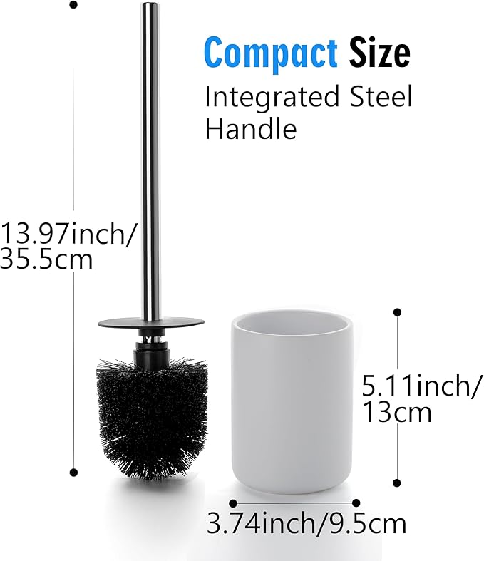 Ceramic Toilet Brush & Holder Set - Freestanding Deep-Cleaning Toilet Bowl Cleaner Brush, Stainless Steel Handle, Small & Sturdy for Storage, Easy to Clean, Non-Scratching