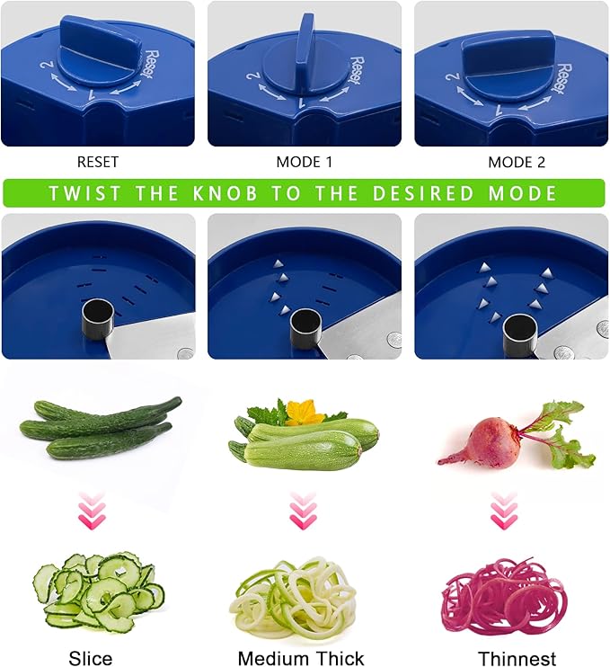 LHS Vegetable Spiralizer 3-in-1, Zucchini Spiralizer Noodle Maker, Adjustable Food-Grade Stainless Steel Blade, Zoodle Maker for Zucchini, Cucumber, Carrot, Veggie Pasta, Low-Carb Meals (Blue)