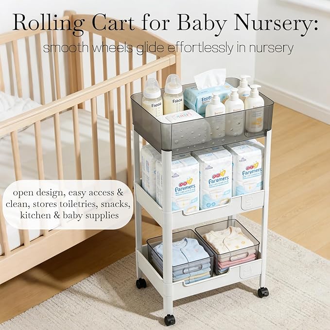 3 Tier Rolling Cart with Wheels 4.7'' Deep Baskets Bathroom Storage Shelf Heavy