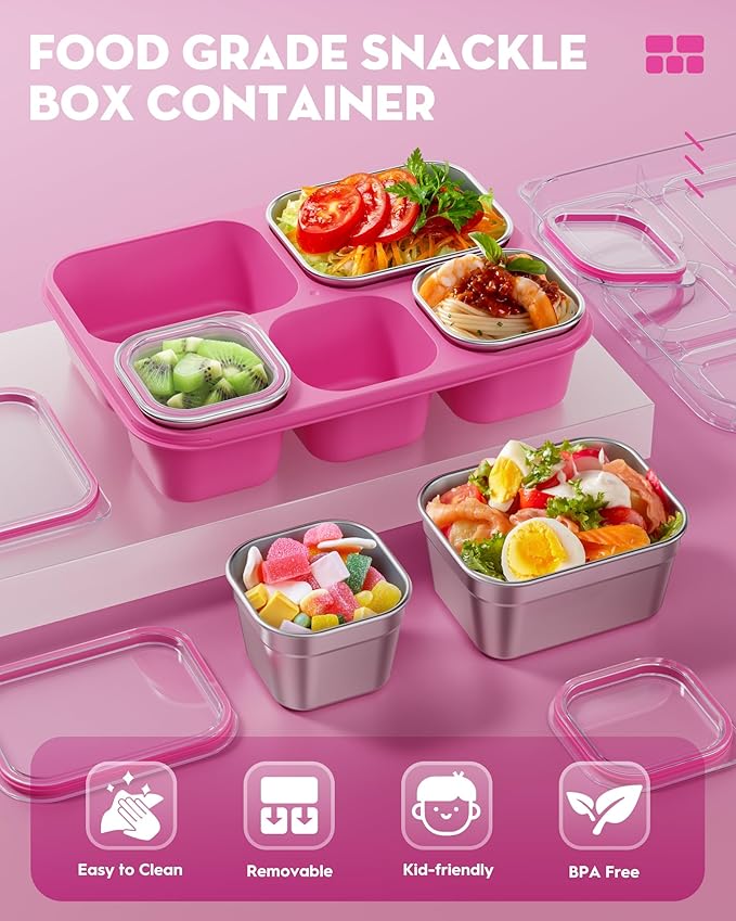 BiuLeon Snackle Box Containers, Stainless Steel 5 Compartments Divided Serving Tray with Lid