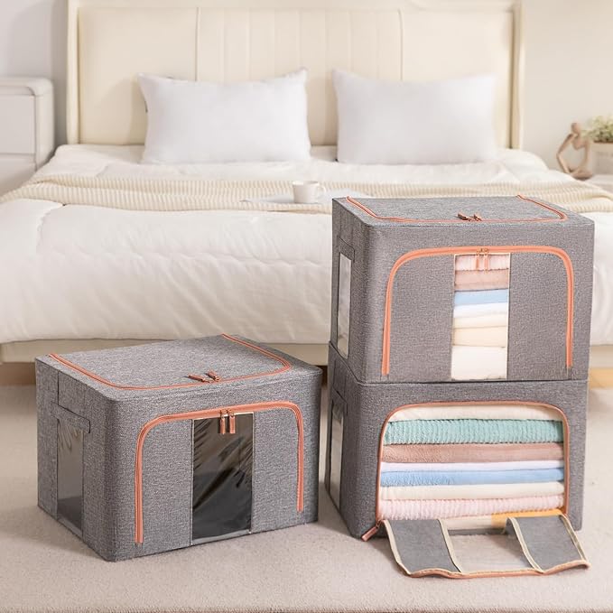 GuliPostan 3 Pack 66L Stackable Clothes Storage Bins with Metal Frame Handles & Zipper, Collapsible Closet Organizer Box with Lid for Bedding Blankets Towel (Grey)