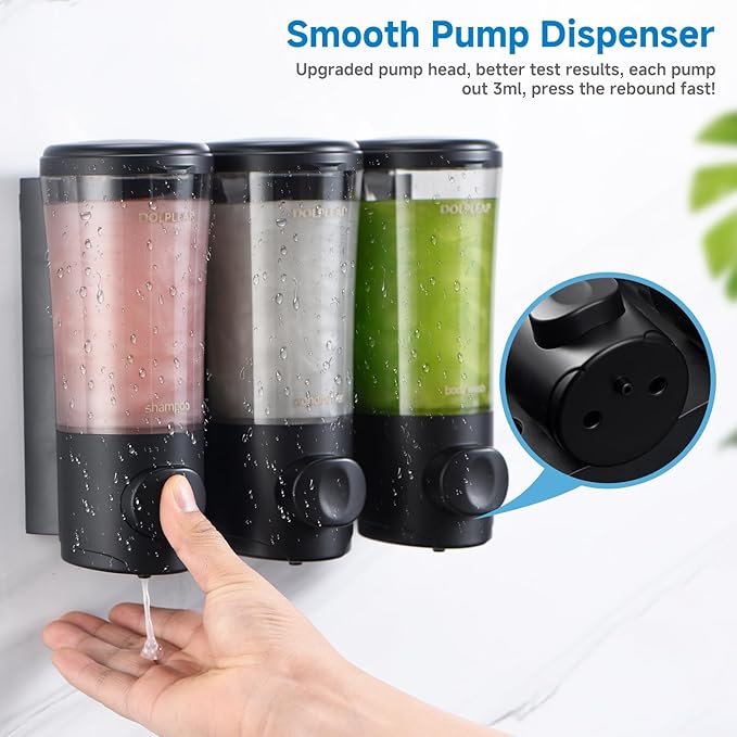 Shampoo Conditioner Body Wash Dispenser No Drill Shower Soap Dispenser Wall Mounted Shampoo Dispenser 3 Chamber with Upgrade Pump Head Bathroom Soap Dispenser 450ml/Each Black