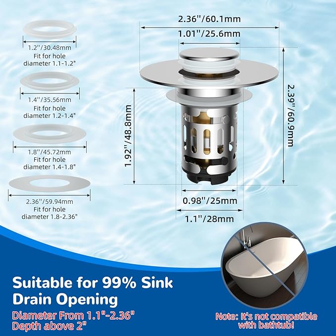 Hibbent 4 Pack Upgraded 3 in 1 Bathroom Sink Drain Strainer, Universal Pop Up Stopper with Removable Stainless Steel Filter Basket Hair Catcher