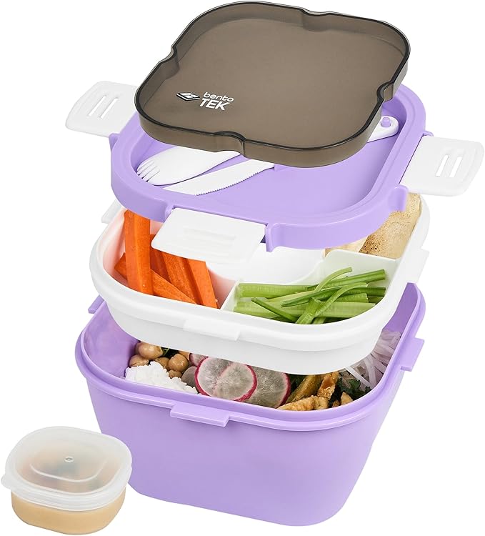 Restaurantware-Bento Tek 57.5 Ounce Bento Box, 1 Reusable Lunch Container - With Fork And Knife, Does Not Contain BPA, Purple And White Plastic Reusable Lunch Box, Microwavable, Dishwashable