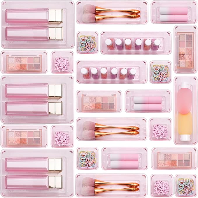 Pink Acrylic Drawer Organizers - 25 Pcs (Desk/Vanity/Bathroom)