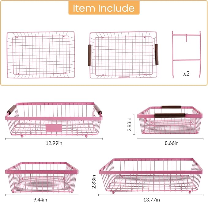 2-Tier Stackable Wire Basket with 2 Banana Hooks, Pantry Organizer for Kitchen Countertops, Cabinets & Under-Sink Spaces; Ideal for Storing Snacks, Fruits, Veggies, Onions, Potatoes, & More，Pink
