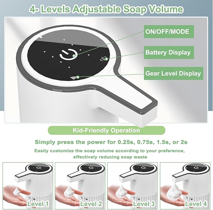 Automatic Soap Dispenser, Continuous Flow Control 400ml Large Capacity Rechargeable Waterproof Adjustable Volume Soap Dispenser for Bathroom & Kitchen(Foam)