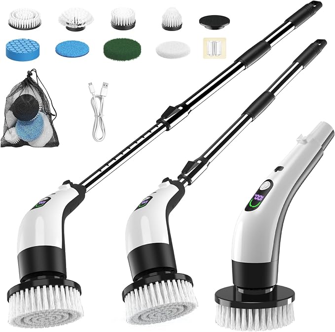 Electric Spin Scrubber with Power LCD Display, Cordless Bathroom Cleaning Brush with Adjustable Extension Handle, 400RPM/Mins, 9 Replaceable Brush Heads, IPX7 Waterproof for Shower, Bathtub, Tile
