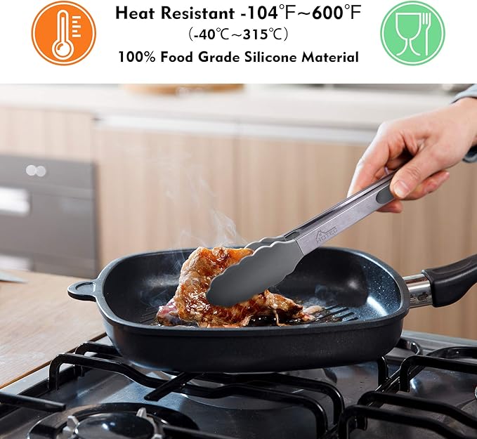 HOTEC Premium Stainless Steel Locking Kitchen Tongs with Silicon Tips, Set of 2-9" and 12" Light Grey