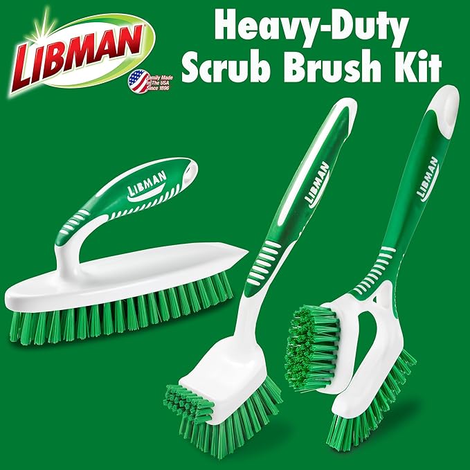 Libman Heavy Duty Scrub Brush Kit | Cleaning Brushes for Household Use | Tub Scrubber | Easy Grip Scrub Brush | Big Job Kitchen Brush | Dual Sided Tile & Grout Brush | 3 Different Brushes Included