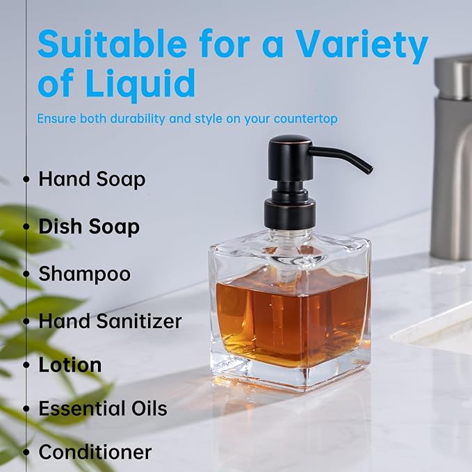 Square Bathroom Soap Dispenser Oil Rubbed Bronze, Glass Bottles with Stainless Steel Pump Retangle Cube Liquid Soap Dispenser Hand Kitchen with Waterproof Lables