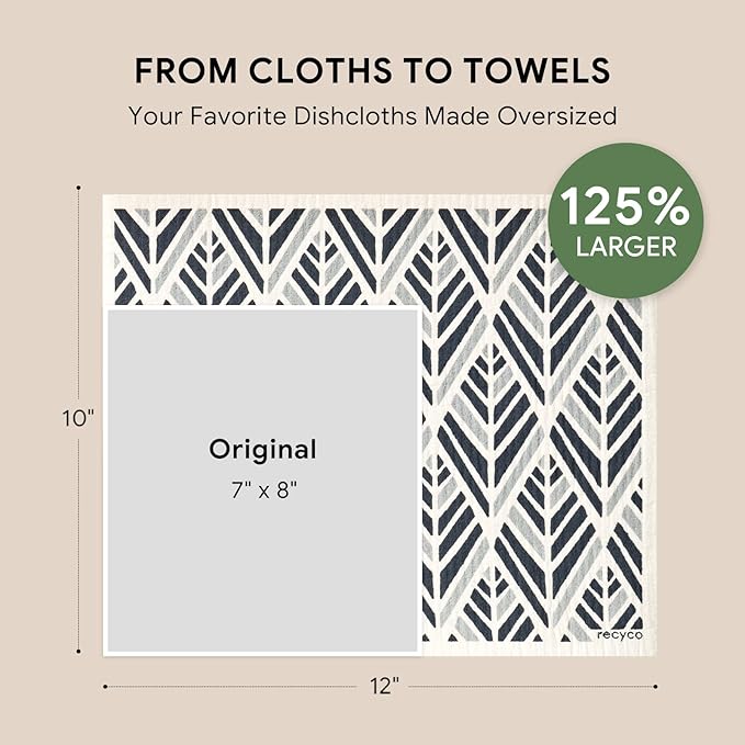 RECYCO Swedish Dishcloths for Kitchen | 4 Pack Oversized Washable Dish Rags | Large Cellulose Reusable Cleaning Paper Towels | Absorbent Counter Dish Cloth Sponge XL Kitchen Wipes, 12" L x 10" W