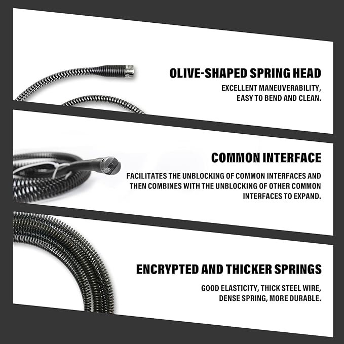 49.2 Feet x 1/2 inch Solid Drain Cleaning Cable with Six Shapes of Cutters, Manually Adapter and Powered Adapter