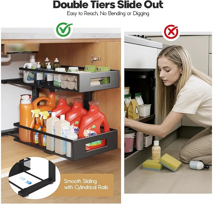 1 Pack 17IN Depth Under Sink Organizer, 2-Tier Pull Out Cabinet Organizer With Smooth Circular Rail, Large Capacity Metal Mesh Sliding Drawers For Bathroom& Kitchen Storage,Height Adjustable –Black