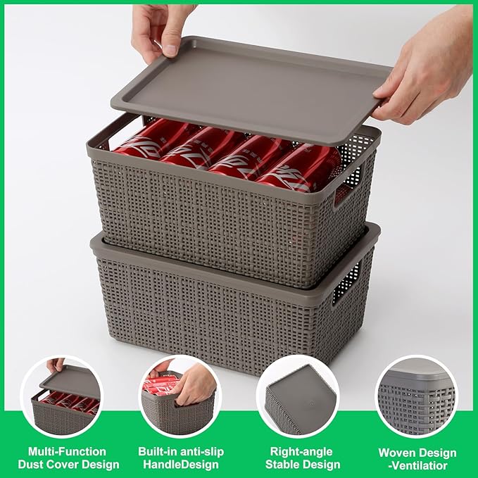 6 Pack Plastic Storage Baskets With Lids, Grey Breathable Stackable Storage Bins