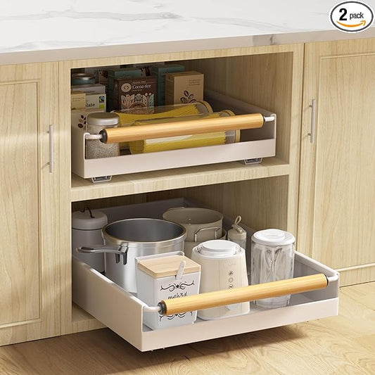 2 Pack No-Drill Pull Out Cabinet Organizer 15.3'' Deep Expandable Slide Out Drawers for Kitchen Pantry & Under Sink Storage, Adhesive Nano Film Mount, White
