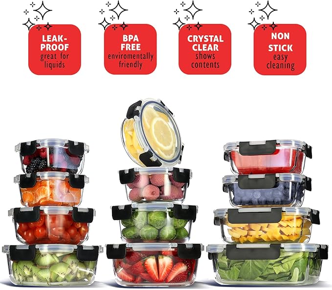 EATEX 24pc Glass Storage Containers with Lids, 12 Set Glass Food Storage Containers with 12 Airtight Lids, Pantry Kitchen Meal Prep Containers for Lunch, Freezer Storage Containers, Oven Safe