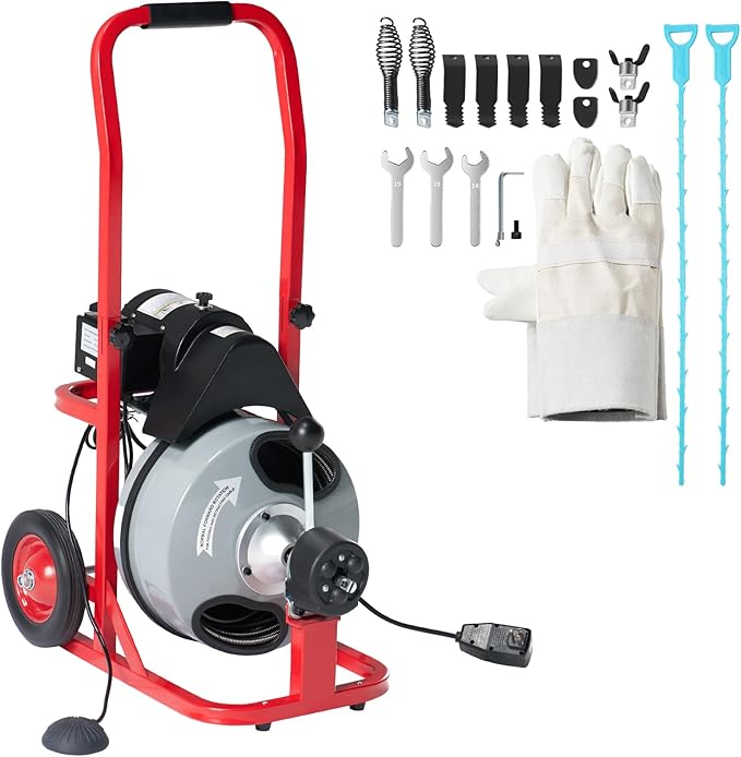 Albott 100 FT x 3/8 inch Electric Drain Cleaner Machine with Auto-Feed & 10 Cutters, Sewer Snake Auger for 1–4 Inch Pipes, Wheels & Foot Switch, Ideal for Home & Commercial Use, Gray/Red