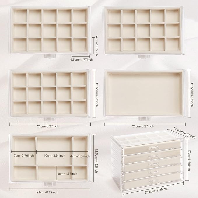 5 Drawers Clear Jewelry Box for Women and Girls, Mother's Day Warm White
