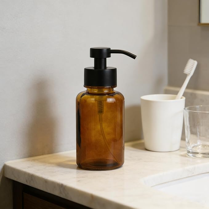 15 oz Amber-Tinted Thick Glass Foaming Soap Dispenser, Refillable Foaming Soap Dispenser with Black Rust-Proof Foam Pump, Suitable for Bathrooms and Kitchens (1, Amber)