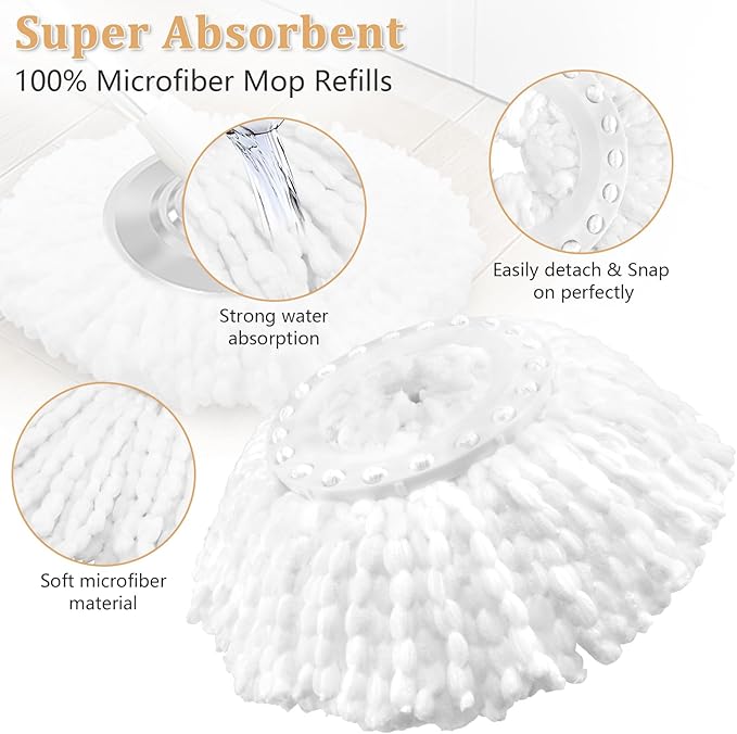 NICEMOVIC 6 Pack Spin Mop Replacement Head for 360° Spin Mop System, Standard Size Round Shape Spin Mop Replacement Head, Microfiber Refills Machine Washable and Easy Cleaning