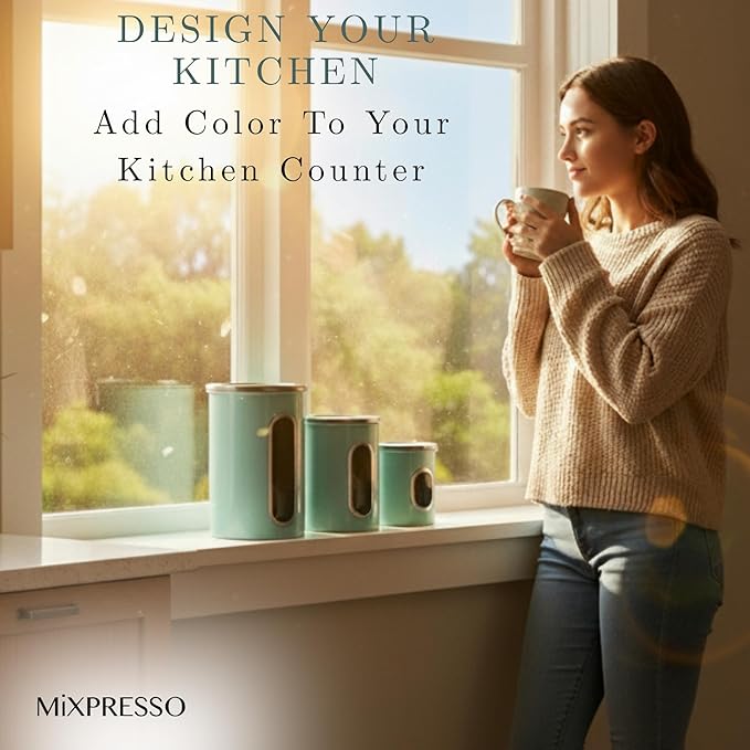 Mixpresso 3-Piece Aqua Blue Canisters Sets For The Kitchen, Airtight Canister Set With See Through Window, Storage Jars for Coffee Container