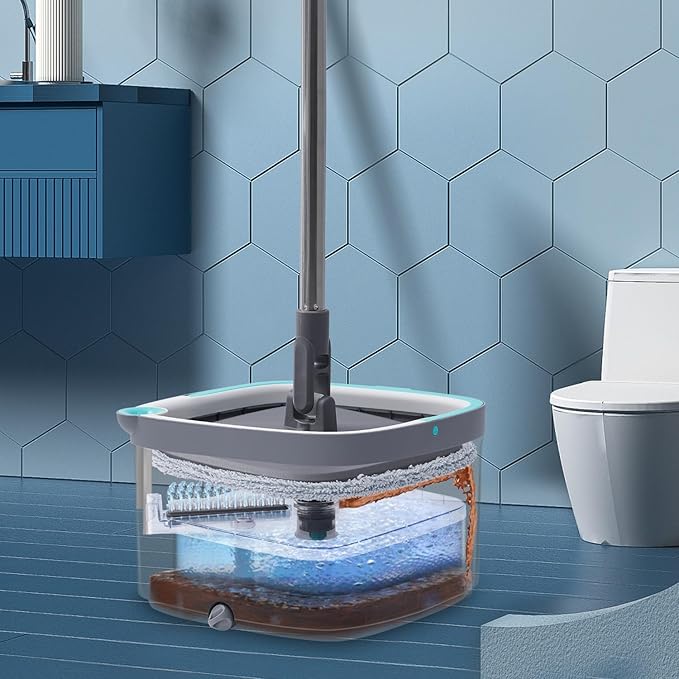 True & Tidy® SPIN-800 TrueClean Mop and Bucket System Upgraded Version w/Side Brush & Self-Standing Handle, Self Wringing Spin Mop w/Separate Compartments for Clean and Dirty Water