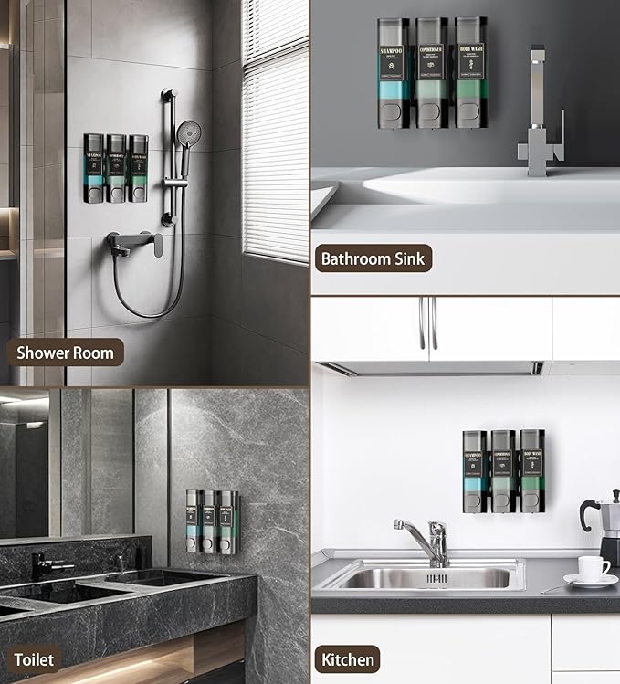 Luxspire Shampoo and Conditioner Dispenser, No Drill Wall Mounted Shower Soap Dispenser 3 Chamber with Waterproof Labels, Easy Refill Soap Dispenser for Bathroom Hotel Kitchen, Gray