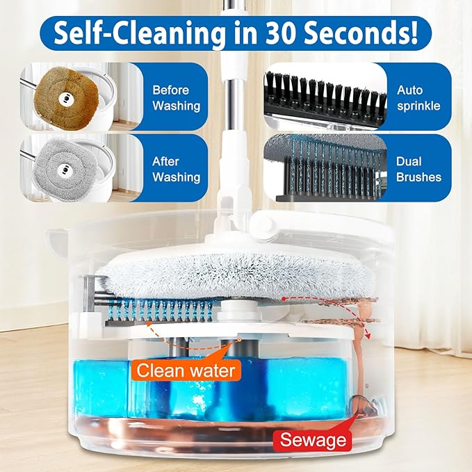 Spin Mop and Bucket with Wringer Set, 360° Spinning Mop Bucket with Separate Dirty and Clean Water System with 3 Microfiber Mop Pads and 52" Stainless Steel Adjustable Handle for Floor Wall Cleaning