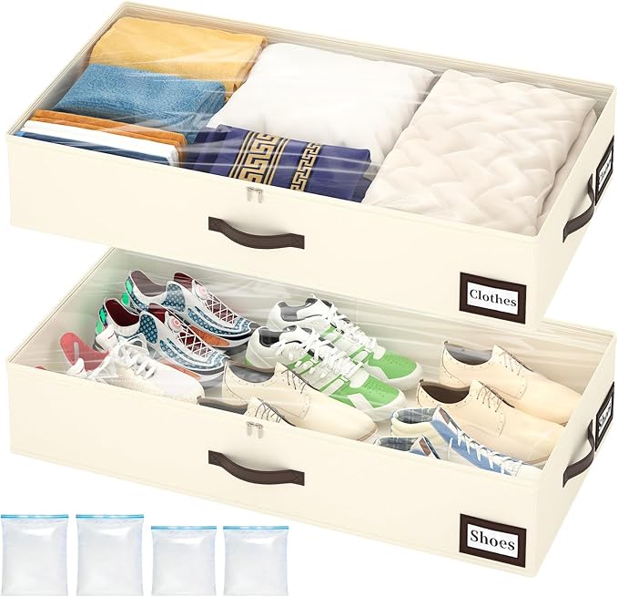 2 Pack Under Bed Storage with 4 Compression Bags, Beige