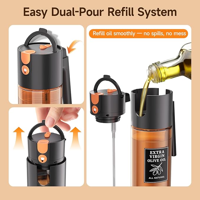 500ml Black Oil Sprayer and Dispenser, 2-in-1 Glass Spray Bottle for Air Fryer, BBQ, Salad, Baking, Refillable Leak-Resistant Oil Mister